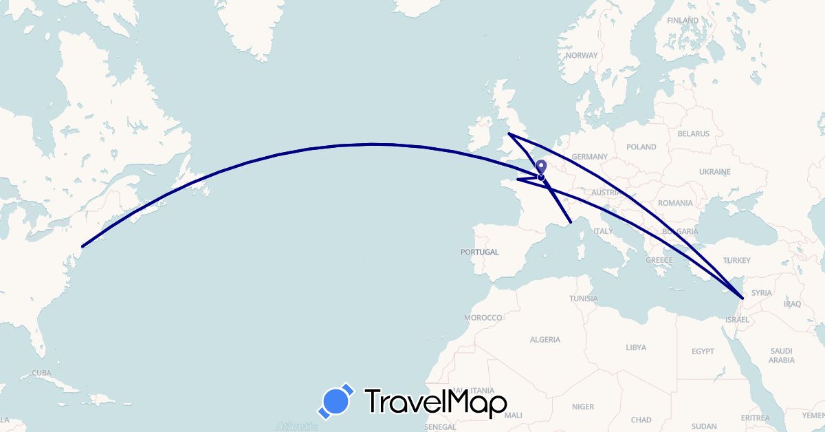 TravelMap itinerary: driving in France, United Kingdom, Lebanon, United States (Asia, Europe, North America)